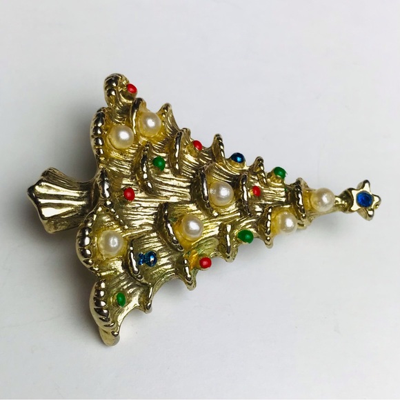 Vintage Gold Tone Christmas Tree Pearl Rhinestone Brooch Pin Marked Taiwan - Picture 2 of 8